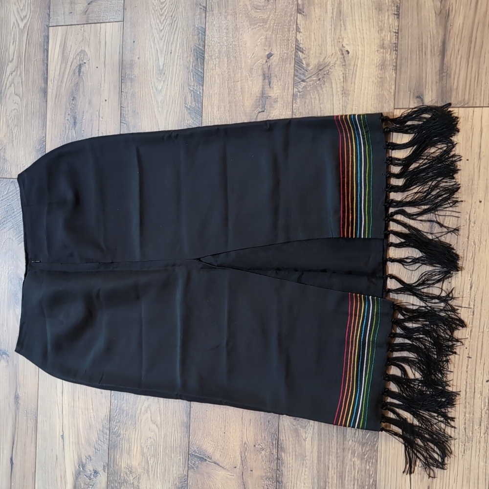 Kelly and Diana Black silk skirt retro vibrant embroidered flowers fringe sz 10 - Picture 6 of 10